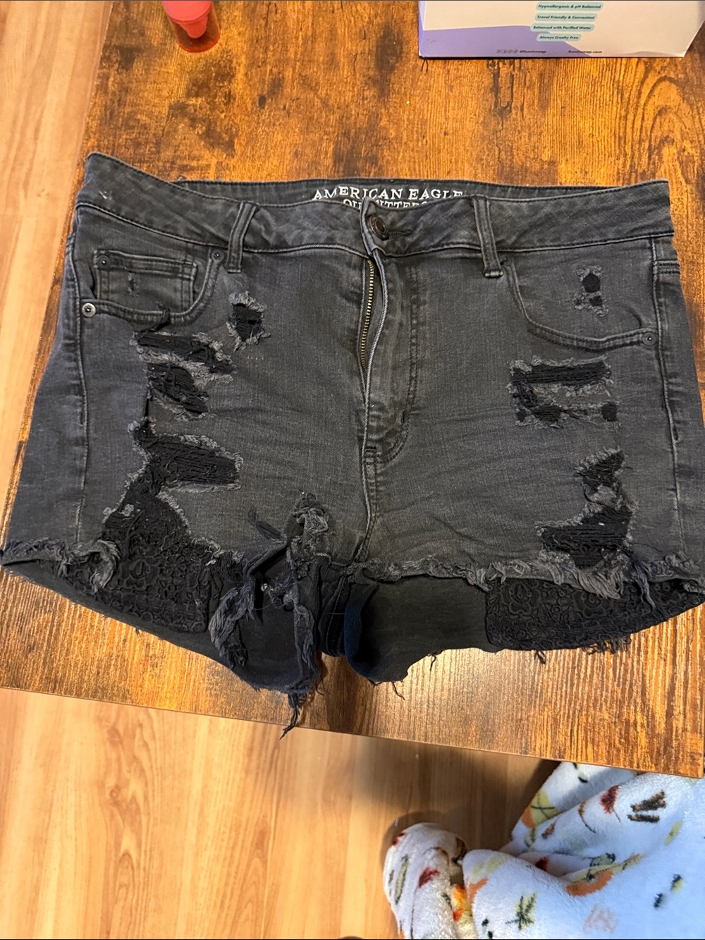 American Eagle Outfitters Black Distressed Lace-Trim Denim Shorts
